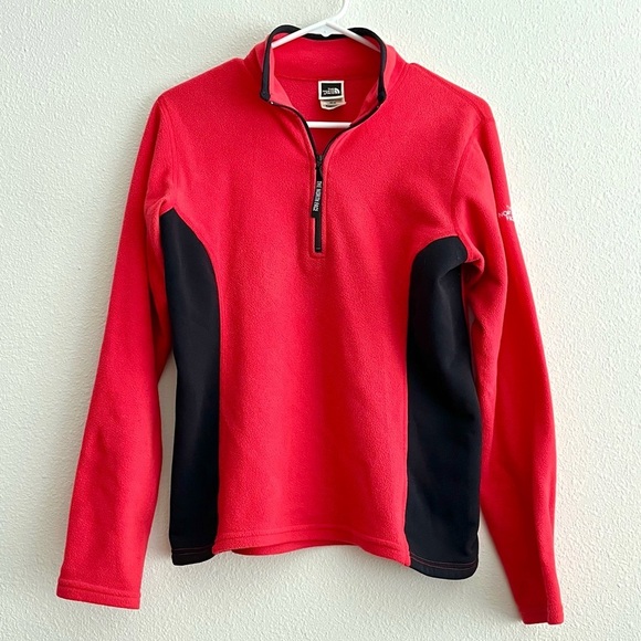 The North Face Women Quarter Zip Red Black Fleece Pullover Sweater Size Medium - Picture 1 of 6